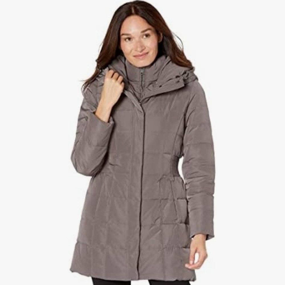 Cole Haan Women's Taffeta Down Coat with Bib Front and Dramatic Hood Size XS
